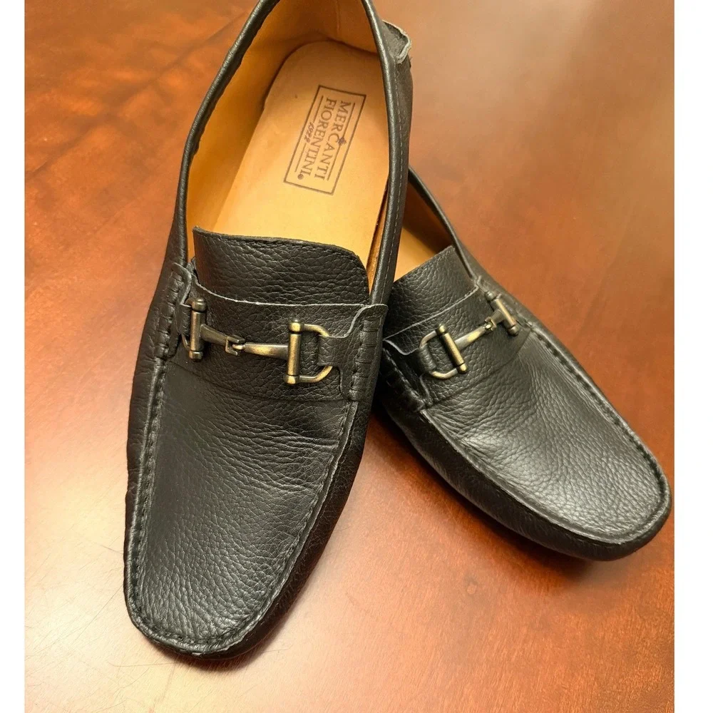 Mercanti Fiorentini Black Pebbled Leather Horsebit Driving Loafers 10.5 M